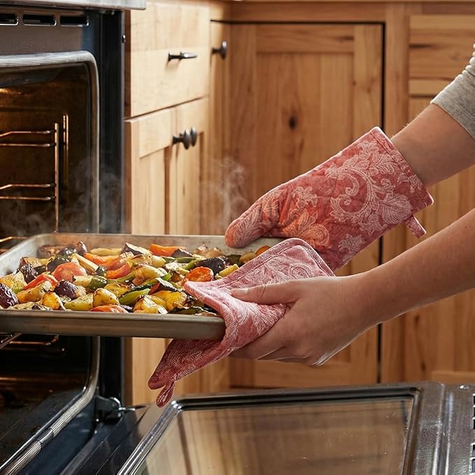 Encasa XO Heat Resistant 100% Cotton Oven Glove & Potholder Set with Loop, Kitchen Cooking Mittens, Microwave Safe Hot Pads (Floral Red)