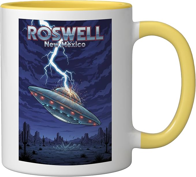 Roswell UFO Flying Saucer New Mexico Souvenir Lightning Ceramic Mug, Yellow/White