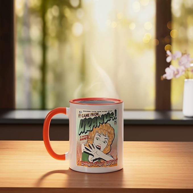 Ufo Flying Saucer Invasion 1950's Sience Fiction Abduction Ceramic Mug, Orange/White