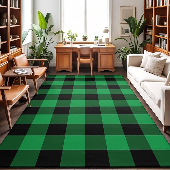 Area Rug 9x12ft, St. Patrick's Day Lucky Green Black Plaid Washable Rugs for Living Room Bedroom Rectangle Floor Carpet, Buffalo Lattice Soft Non-Slip Area Rugs for Dining Room