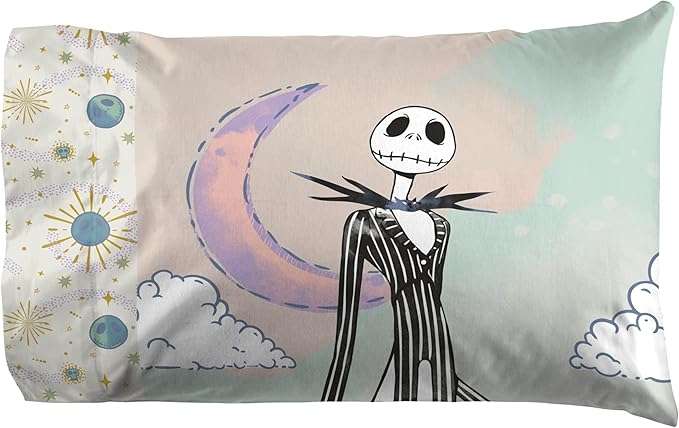 Jay Franco Sheet Set with Fitted, Flat Sheets & Pillow Cover - Ultra-Soft Bedding with Pillowcase for Room Decor, Beige - Nightmare Before Christmas, 4 Piece Full