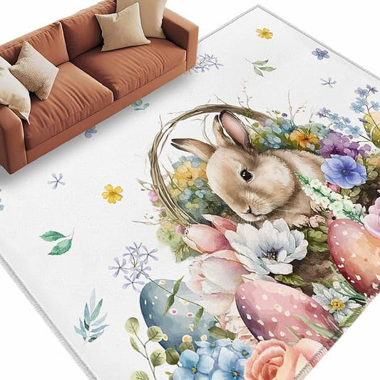 Area Rug 6x9ft, Easter Egg Spring Flower Cute Rabbit Washable Rugs for Living Room Bedroom, Blossom Floral on White Soft Non-Slip Area Rugs Rectangle Floor Carpet for Dining Room