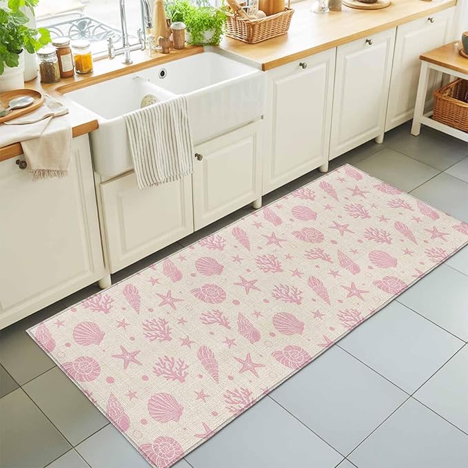 Runner Rug for Bedroom Hallway, Ocean Pink Shell Coral Conch Kitchen Runner Rugs Area Rug 2x6ft, Marine Starfish on Farm Burlap Washable Soft Floor Carpet for Entryway Stair