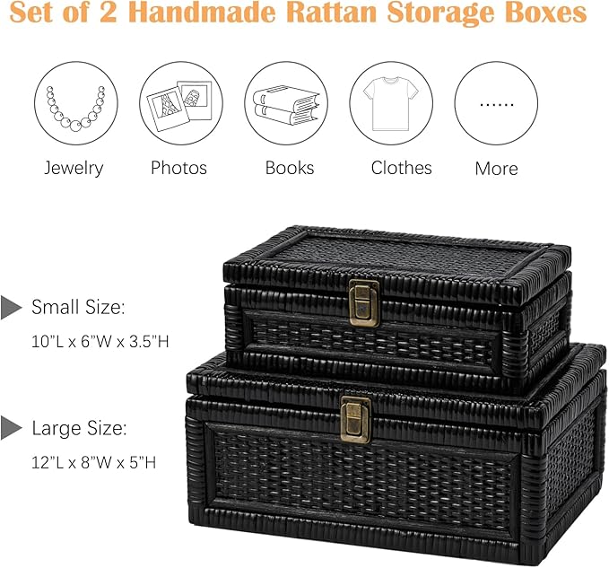 2PCS Rattan Boxes with Lid Decorative Natural Handmade Boho Baskets Woven Wicker Cane Bin Keepsake Memory Jewelry Rectangular Desk Shelf Closet Organizer Container (Black, 1 Large 1 Small)