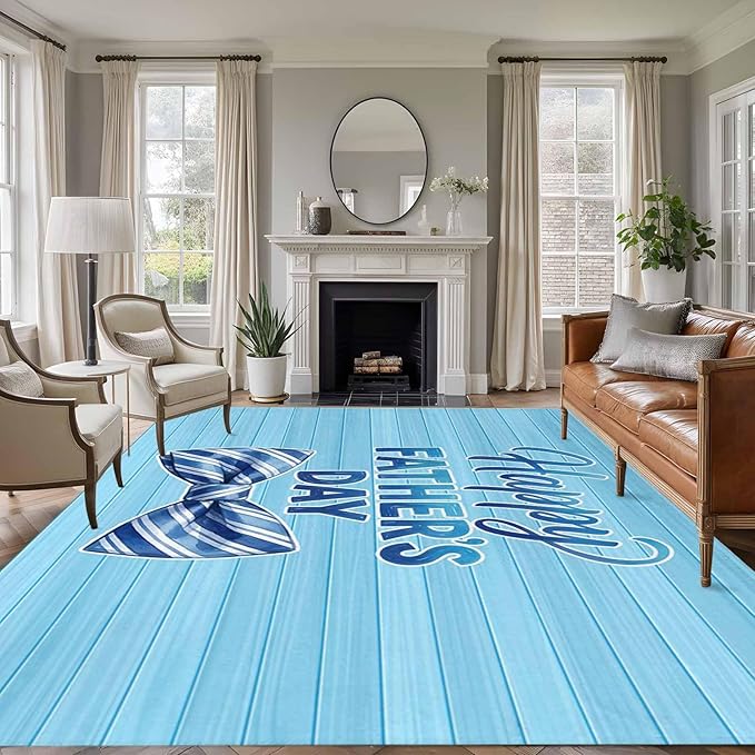 Area Rug 8x10ft, Father's Day Vintage Plank Washable Rugs for Living Room Bedroom, Cartoon Blue Stripes Bow Soft Non-Slip Area Rugs Rectangle Floor Carpet for Dining Room
