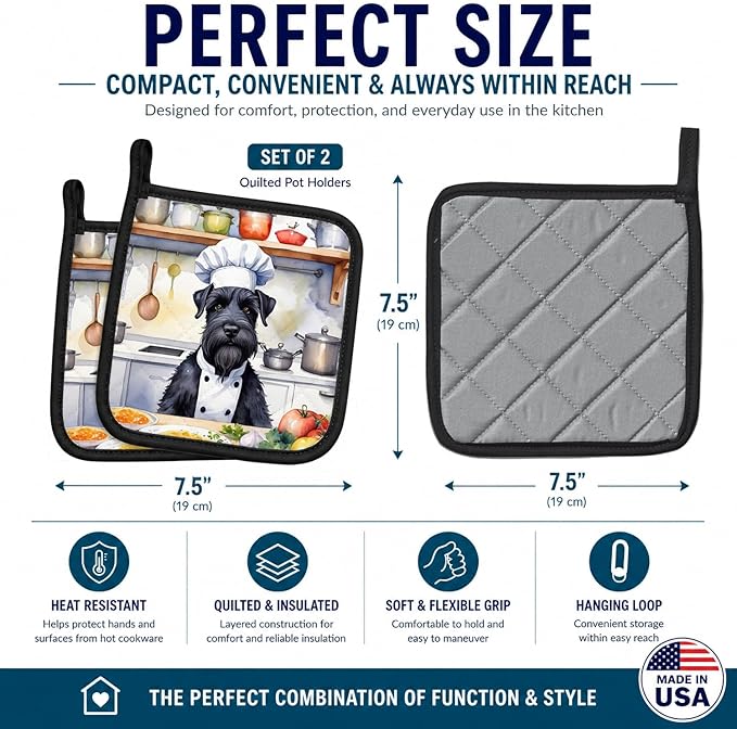 Caroline's Treasures Giant Schnauzer The Chef Pair of Pot Holders Kitchen Heat Resistant Pot Holders Sets Oven Hot Pads for Cooking Baking BBQ, 7 1/2 x 7 1/2
