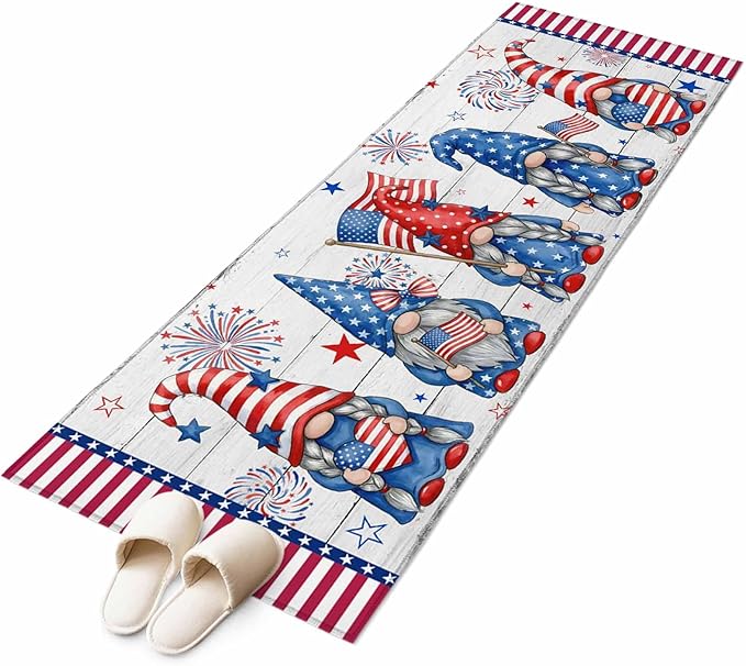 Runner Rug for Bedroom Hallway, Independence Day USA Flag Star Dwarf Kitchen Runner Rugs Area Rug 2x6ft, Stripes on Wood Grain Washable Soft Floor Carpet for Entryway Stair