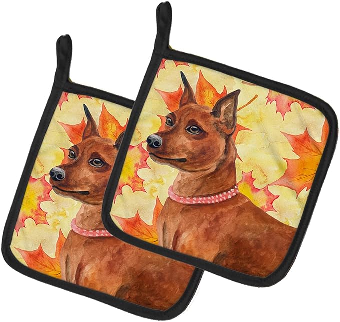 Caroline's Treasures BB9917PTHD Miniature Pinscher Fall Pair of Pot Holders, Yellow Kitchen Heat Resistant Pot Holders Sets Oven Hot Pads for Cooking Baking BBQ, 7 1/2 x 7 1/2