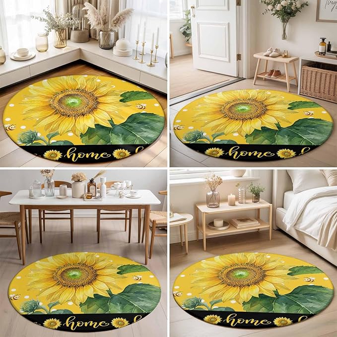 Washable Round Area Rug Summer Watercolor Sunflowers Bees Circle Rugs Floor Carpet for Living Room Bedroom, Farmhouse Floral Art Soft Non Slip Round Rug 5ft