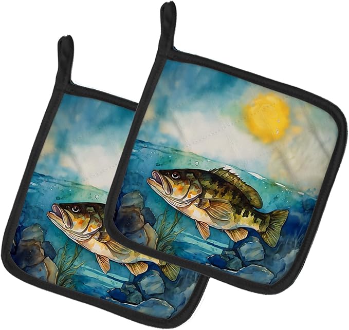 Caroline's Treasures Smallmouth Bass Pair of Pot Holders Kitchen Heat Resistant Pot Holders Sets Oven Hot Pads for Cooking Baking BBQ, 7 1/2 x 7 1/2