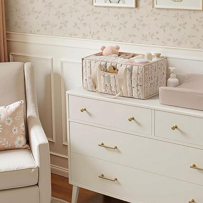 Quilted Fabric Storage Basket Floral Baby Diaper Caddy Quilted Basket for Nursery Bedroom Car Storage (L- Beige 02)