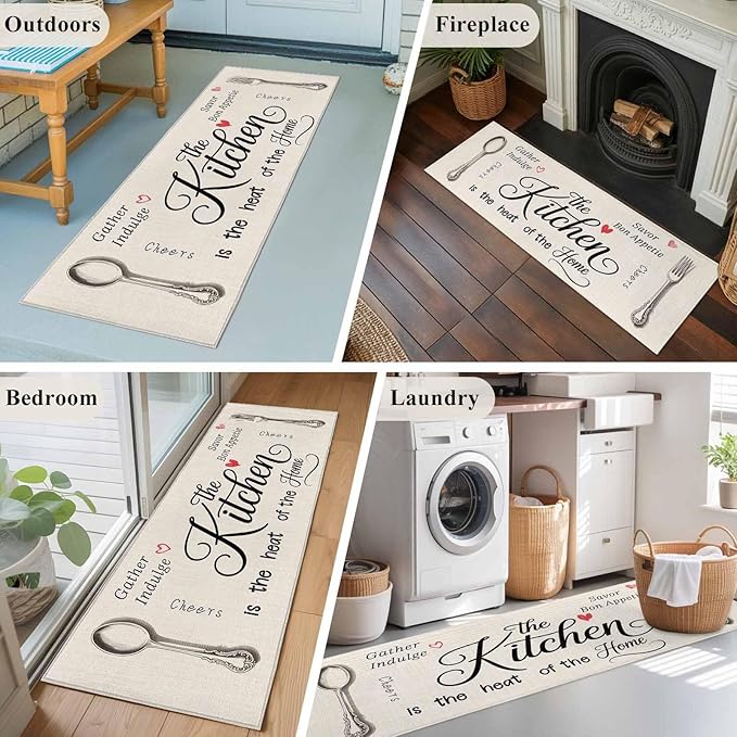 Runner Rug for Bedroom Hallway, Spoon Fork Vintage Farmhouse Kitchen Runner Rugs Area Rug 2x6ft, Abstract Love Retro Linen Washable Soft Floor Carpet for Entryway Stair
