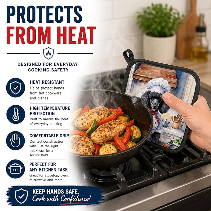 Caroline's Treasures Black Poodle The Chef Pair of Pot Holders Kitchen Heat Resistant Pot Holders Sets Oven Hot Pads for Cooking Baking BBQ, 7 1/2 x 7 1/2