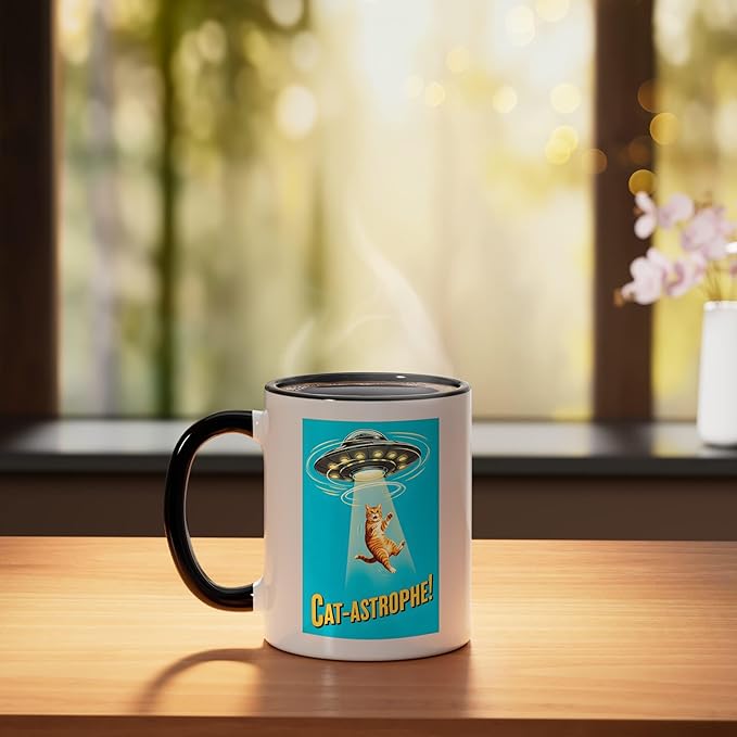 Cat-astrophe! - UFO Flying Saucer Retro Vintage Movie Poster Ceramic Mug, Black/White
