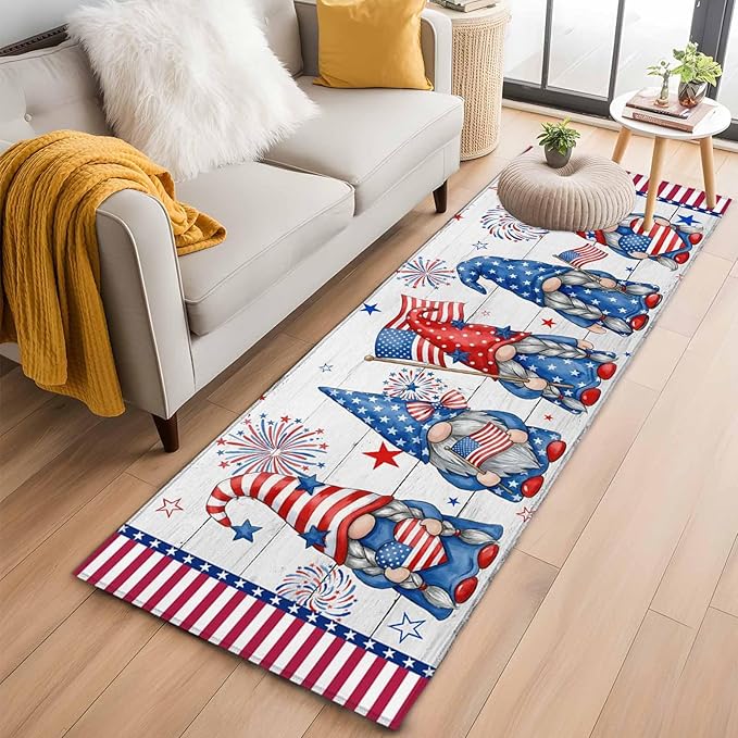 Runner Rug for Bedroom Hallway, Independence Day USA Flag Star Dwarf Kitchen Runner Rugs Area Rug 2x6ft, Stripes on Wood Grain Washable Soft Floor Carpet for Entryway Stair