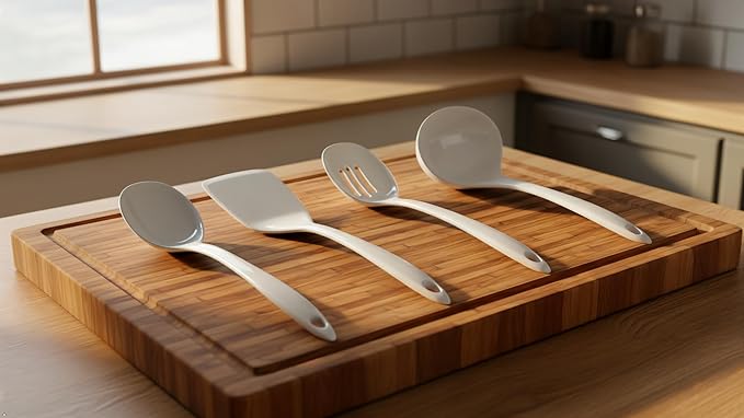 Reston Lloyd 100% Melamine Kitchen Utensil Set, Non Scratching Ladle, Spoon, Slotted Spoon & Spatula, Easy To Hold, Set of 4, White