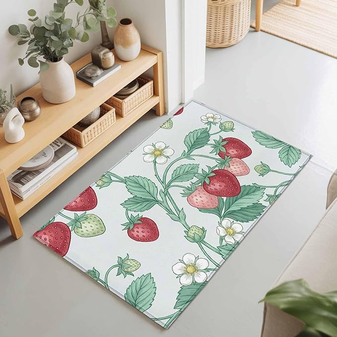 Area Rug 2x3ft, Strawberries White Flowers Washable Rugs for Living Room Bedroom, Rustic Garden Botanical Soft Non-Slip Area Rugs Rectangle Floor Carpet for Dining Room