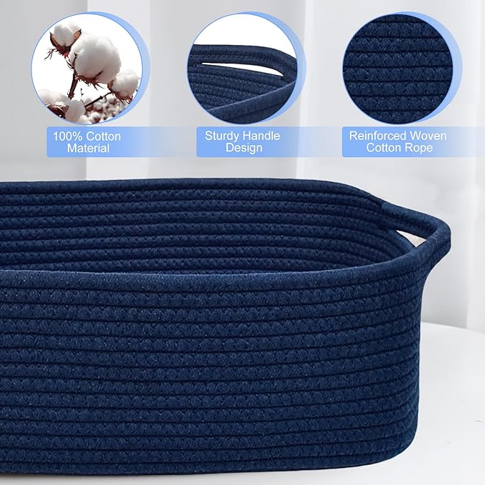 ABenkle Small Storage Basket with Handles, Cotton Rope Woven Dog Cat Toy Bin, Decorative Shelves Closet Organizing for Nursery Laundry Bedroom Bathroom, 14.2''x 11''x 5.1''