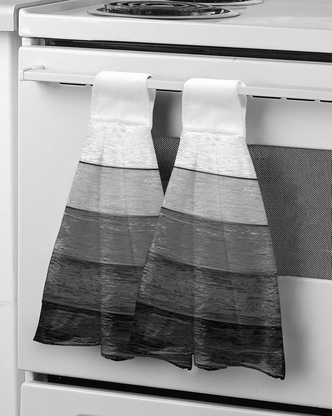 Alandar Home Kitchen Tie Towel Set of 2, Farm Retro Wood Grain Black Gray Absorbent Soft Hand Towels for Bathroom Hanging Towels, Farmhouse Gradient Stripes Fast Drying Cleaning Cloth with Loop