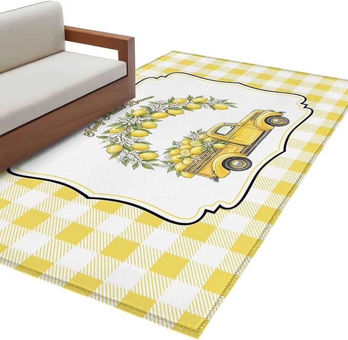 Area Rug 3x5ft, Farm Yellow Truck Lemon Fruit Washable Rugs for Living Room Bedroom, Flower Leaves Buffalo Plaid Soft Non-Slip Area Rugs Rectangle Floor Carpet for Dining Room
