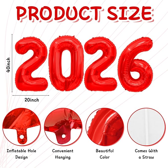 2026 Red Foil Numbers Balloons(40 Inch) Happy New Years Eve Party Supplies 2026 New Year Graduation Balloons Decorations 20 26 Signs Props Birthday Anniversary Wedding Festival Ornament Decor