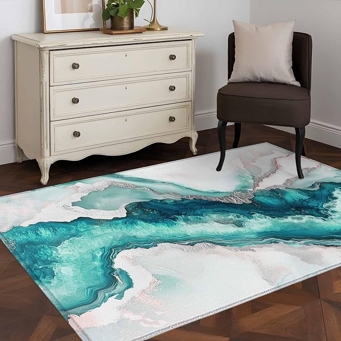Area Rug 4x6ft, Abstract Blue Marble Texture Washable Rugs for Living Room Bedroom, Modern Luxury Pattern Soft Non-Slip Area Rugs Rectangle Floor Carpet for Dining Room