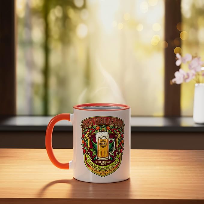 Spicy Fuego Cerveza Chili Texas Drinking Vintage Beer Label Ceramic Mug, Orange/White