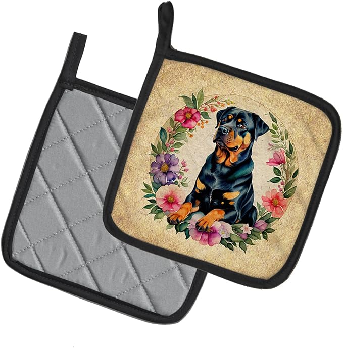 Caroline's Treasures Rottweiler and Flowers Pair of Pot Holders Kitchen Heat Resistant Pot Holders Sets Oven Hot Pads for Cooking Baking BBQ, 7 1/2 x 7 1/2