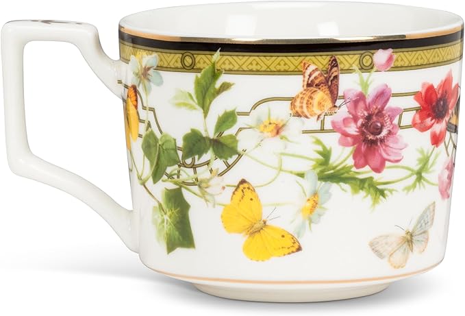 Abbott Collection Butterfly Garden Teacup & Saucer - Bone China, White/Green, 3"H (8oz)