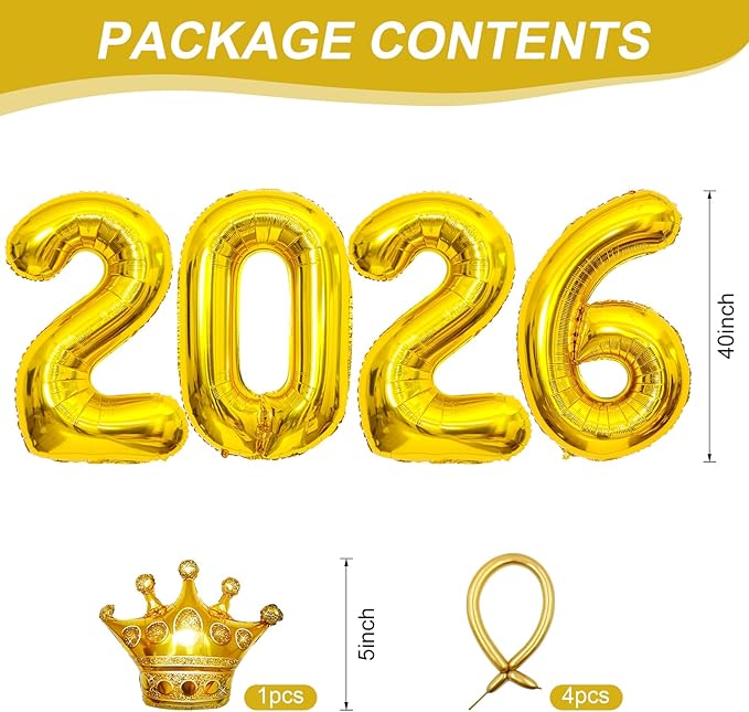 2026 Balloons Gold,40 Inch 2026 Number Balloons with Foil Crown Balloons for Happy New Year Decorations New Years Eve 2026 Graduation Decorations Class of 2026 Party Supplies