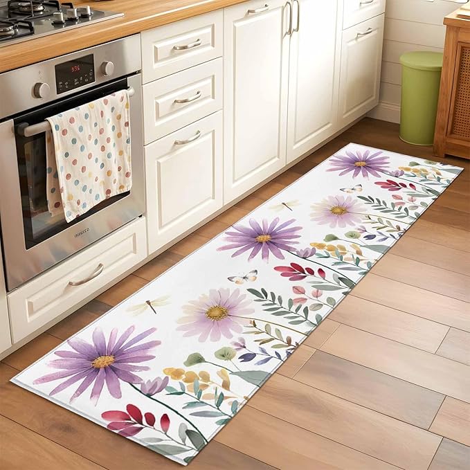 Runner Rug for Bedroom Hallway, Country Field Purple Flowers Kitchen Runner Rugs Area Rug 2x6ft, Farm Floral Art Washable Soft Floor Carpet for Entryway Stair