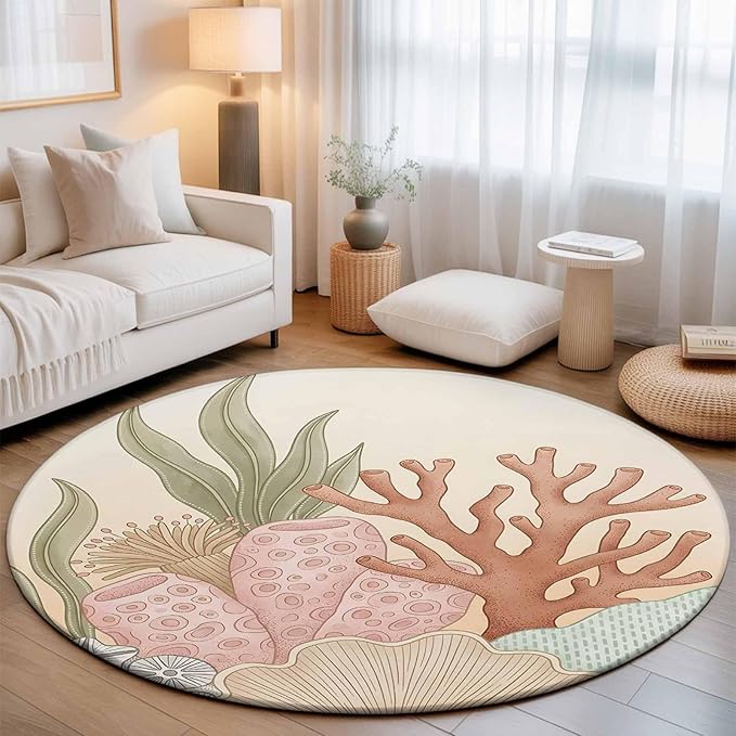 Washable Round Area Rug Ocean Coral Seaweed Shell Reef Circle Rugs Floor Carpet for Living Room Bedroom, Watercolor Marine Theme Soft Non Slip Round Rug 5ft