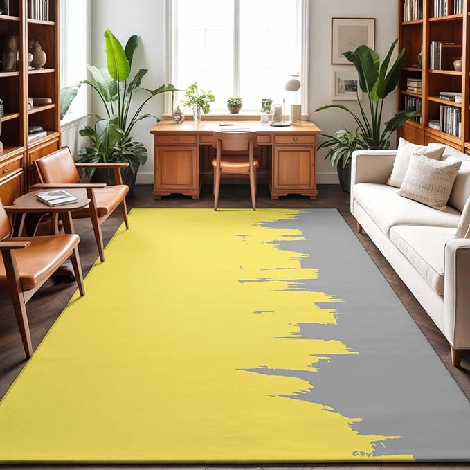 Area Rug 3x5ft, Abstract Yellow Grey Graffiti Washable Rugs for Living Room Bedroom, Oil Painting Artwork Soft Non-Slip Area Rugs Rectangle Floor Carpet for Dining Room