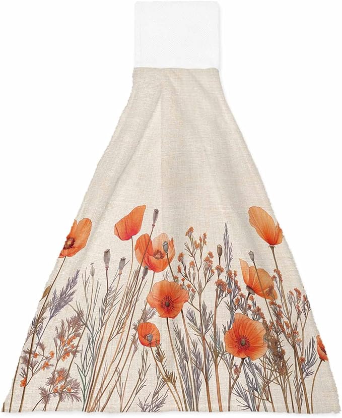 Alandar Home Kitchen Tie Towel Set of 1, Watercolor Garden Flower Plant Absorbent Soft Hand Towels for Bathroom Hanging Towels, Blossom Poppy Floral on Burlap Fast Drying Cleaning Cloth with Loop