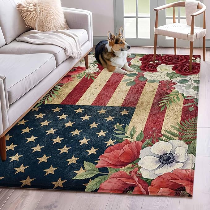 Area Rug 3x5ft, Independence Day 250th Anniversary Washable Rugs for Living Room Bedroom, Vintage USA Flag Floral Soft Non-Slip Area Rugs Rectangle Floor Carpet for Dining Room