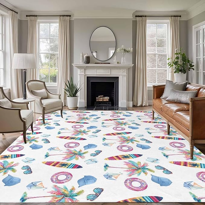 Area Rug 9x12ft, Summer Surfboard Coconut Tree Washable Rugs for Living Room Bedroom Rectangle Floor Carpet, Tropical Seamless Pattern Soft Non-Slip Area Rugs for Dining Room