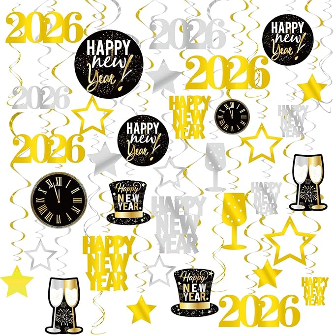 GOER 2026 New Year Festival Party Supplies 31 Pcs Hanging Swirl and Celebration Card,Gold and Black Party Supplies for 2026 New Year Eve Decorations