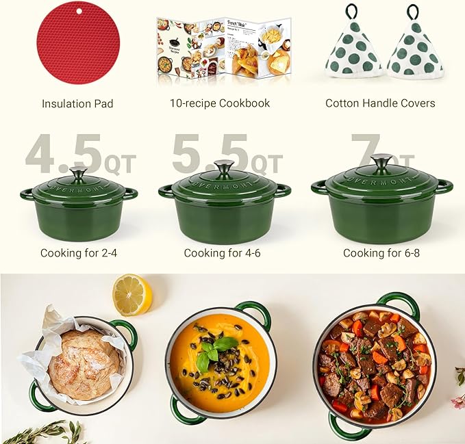 Overmont Enameled Cast Iron Dutch Oven - 5.5QT Pot with Lid Cookbook & Cotton Potholders - Heavy-Duty Cookware for Braising, Stews, Roasting, Sourdough Baking Glossy Green