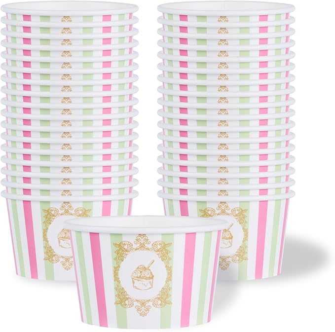 Coppetta 8 Ounce Dessert Cups, 50 Greaseproof Ice Cream Cups - Lids Sold Separately, For Hot And Cold Foods, Green And Pink Stripe Paper Yogurt Bowls, Disposable, Sturdy - Restaurantware