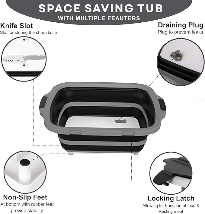 Collapsible BBQ Prep Tub 8L Black | Portable Meat Marinating Container with Locking Cutting Board Lid, BBQ Tongs, 2 Meat Shredding Claws & 2 Heat-Resistant Grill Gloves for Camping & Grilling