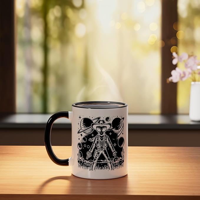 Alien Lover Flying Saucer UFO Extraterrestrial Cowboy Ceramic Mug, Black/White