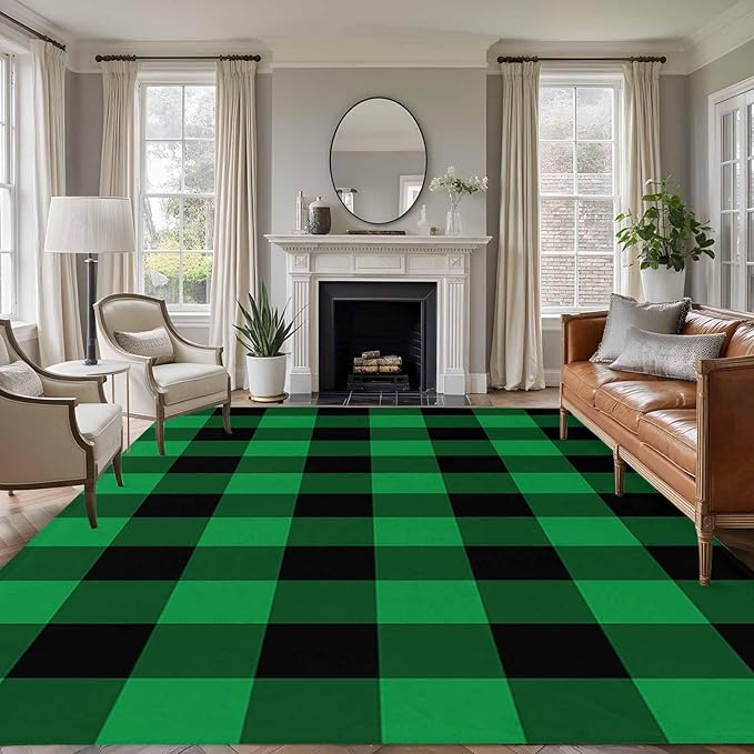 Area Rug 9x12ft, St. Patrick's Day Lucky Green Black Plaid Washable Rugs for Living Room Bedroom Rectangle Floor Carpet, Buffalo Lattice Soft Non-Slip Area Rugs for Dining Room
