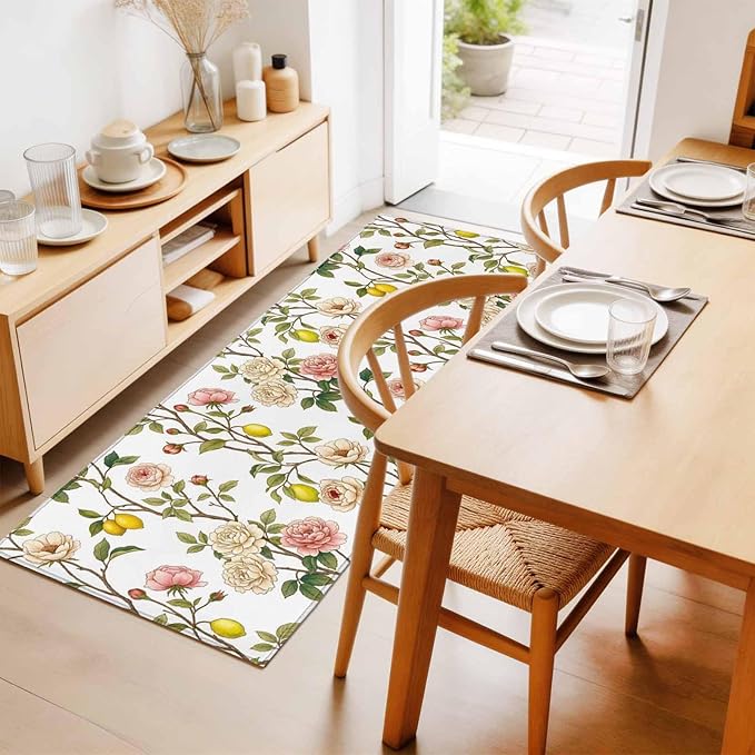 Runner Rug for Bedroom Hallway, Country Blossom Flower Plant Kitchen Runner Rugs Area Rug 2x6ft, Summer Lemon Leaf Seamless Washable Soft Floor Carpet for Entryway Stair
