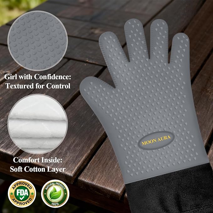 Silicone Smoker Oven Gloves - BBQ Gloves with Sharp Knife, Basting Brush and Sticky Hook.