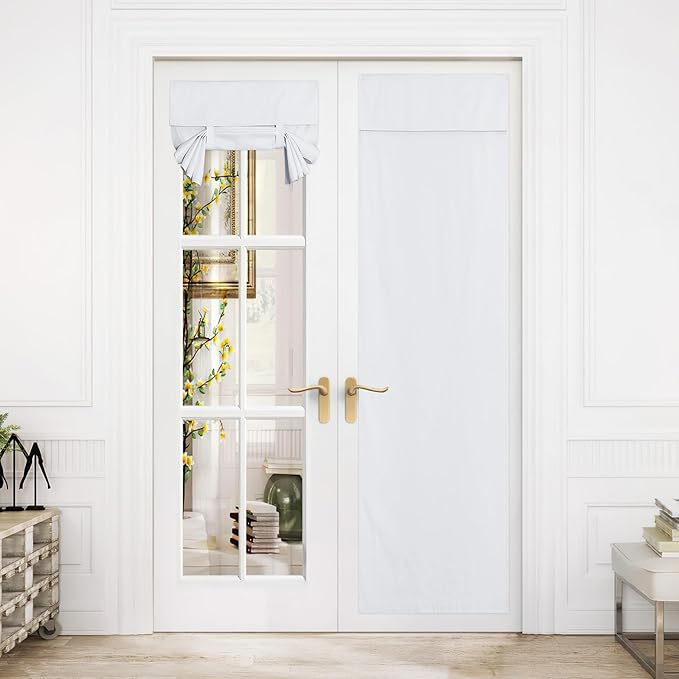 NICETOWN 100% Blackout Door Curtain - Lockdown Shade Thermal Insulated Light Block French Curtain Tie up Shades Energy Efficient Double Door Blind for Glass, 26 x 80 inches Long, White, 1 Panel