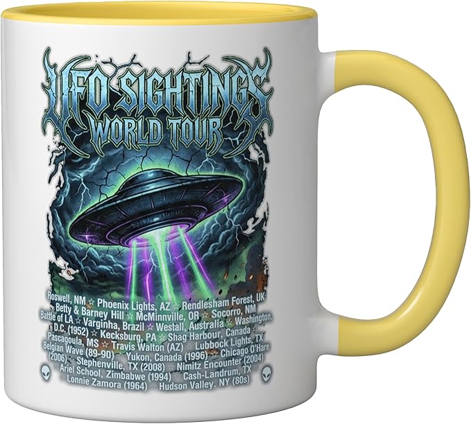 Vintage UFO Sightings World-Tour Cool-Looking Heavy-Metal Ceramic Mug, Yellow/White