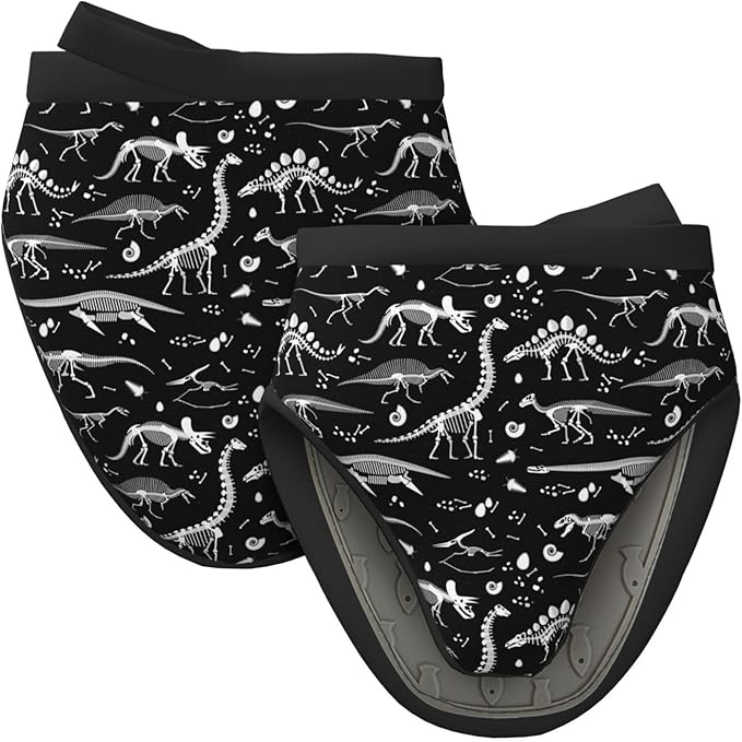 2 Pcs Mini Silicone Oven Mitts Dinosaur Skeleton Heat Resistant Grilling Gloves with Hanging Loop, Black and White Short Kitchen Mittens for Cooking Baking BBQ