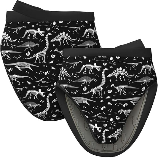 2 Pcs Mini Silicone Oven Mitts Dinosaur Skeleton Heat Resistant Grilling Gloves with Hanging Loop, Black and White Short Kitchen Mittens for Cooking Baking BBQ