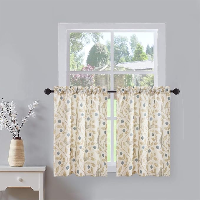 VOGOL Tier Curtains Linen Textured 36 Inches Long Curtains for Kitchen Small Cafe, Birds and Leaf Print Valances Top Pocket Window Drapes for Farmhouse, 2 Panels, 30x36