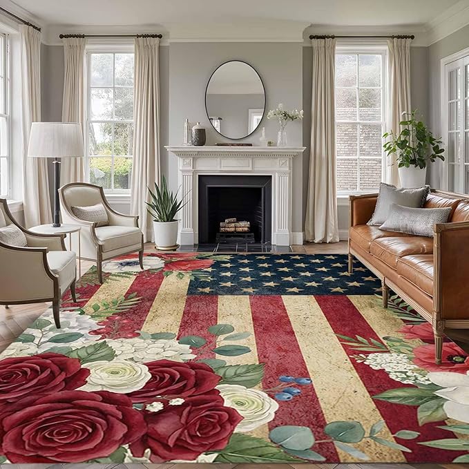 Area Rug 9x12ft, Independence Day 250th Anniversary Washable Rugs for Living Room Bedroom Rectangle Floor Carpet, Vintage USA Flag Floral Soft Non-Slip Area Rugs for Dining Room